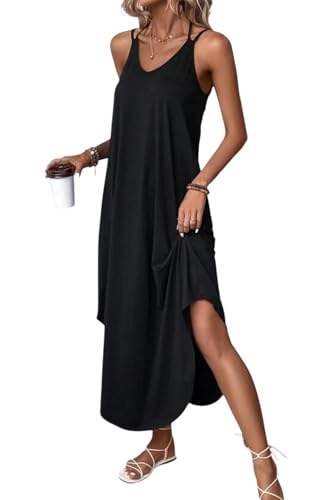 NobSuit Lässiges Maxikleid Damen Sommer, Ärmelloses Trägerkleid mit V-Ausschnitt, Lockeres Fließendes Freizeitkleid mit Seitenschlitz, Polyester-Elasthan Strandkleid für Alltag & Urlaub