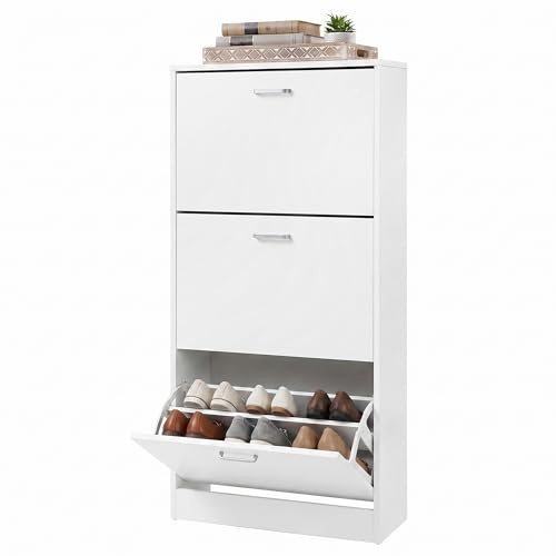 VASAGLE Schuhschrank mit 3 Klappen, Schuhregal, Schuhkipper, Schuhkommode mit 3 Tiefen Fächern, Weiß, Verstellbar - Flur, Diele, Wohnzimmer, Schlafzimmer, 60 x 120 x 24 cm (B x H x T) LBC03WT