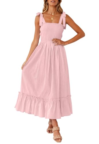 ZESICA Damen 2023 Sommer Boho Spaghettiträger Quadratischer Ausschnitt Einfarbig Rüschen A-Linie Strand Lang Maxikleid, Pink, Klein
