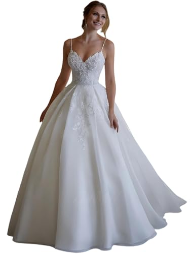 JAEDEN Brautkleider, Damen Prinzessin Brautkleid Tüll A-Linie Spaghettiträger Hochzeitskleider Weiß 36