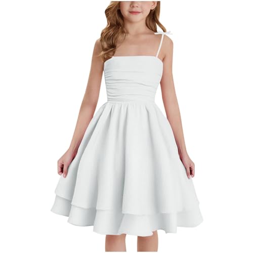 Mädchen Kleider Spaghettiträger Kinder Sommer Baumwolle Festliche Kleid A-Linie Freizeitkleid Swingkleid Elegant ärmelloses Kleid für Girl 8-12 Jahre (White, 12 Years)