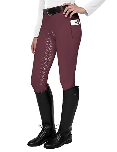 FitsT4 Sports Damen Reitleggings Silikon Vollbesatz Reithose mit Handytasche und Gürtelschlaufen, Burgundisch,M
