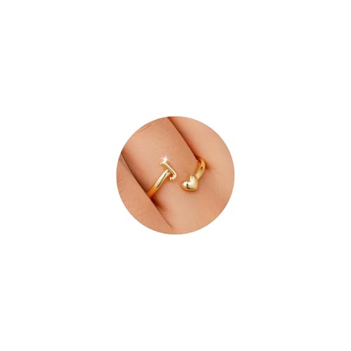TINGN Ringe Gold Damen Mädchen 14K Vergoldete Wasserfest Verlobungsring Goldene Ringe mit Buchstaben J Stapelbar Promise Daumenring Statement Goldring mit Herz Damen Mädchen Schmuck Geschenk