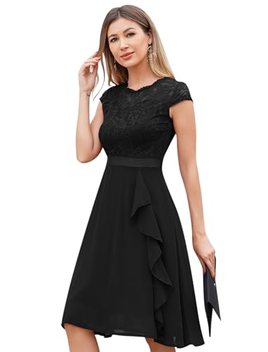 Odizli Cocktailkleid Damen Elegant Kurzarm Spitze Rüschen Chiffonkleid Hochzeitsgast Festlich Hochzeit Kurz Abendkleid Brautjungfernkleider Ballkleid Abschlusskleid Jugendweihe Kleider Schwarz L