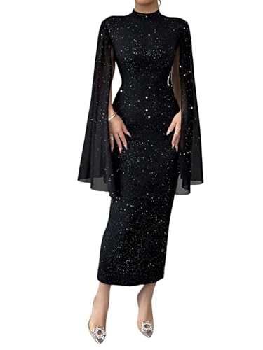 SweatyRocks Pailletten Kleid Damen Party Langarm Kleid Herbstkleid Elegant Maxikleid Mesh Glitzerkleid Lang Party Kleider Abendkleider Schwarz M