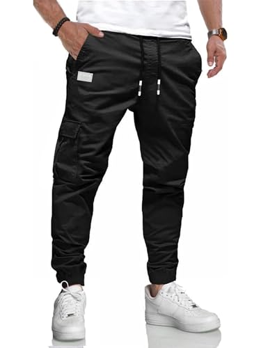 LIUPMWE Herren Hose Chino Cargo Hose Jogginghose Herren Baumwolle Casual Sweatpants Freizeithose Elastische Pants Taille mit Kordelzug Taschen,L,Schwarz-New