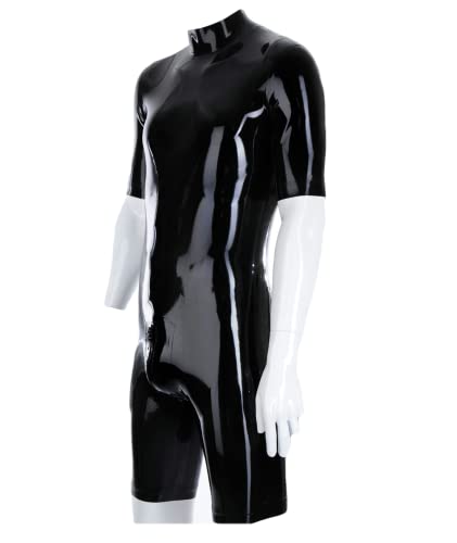 Latex-Catsuit mit halben Ärmeln, sexy Gummi-Bodys, halbe Hosen, Herren, ganz in Schwarz, enge Kleidung, Fetisch-Overall, sportliche Kleidung
