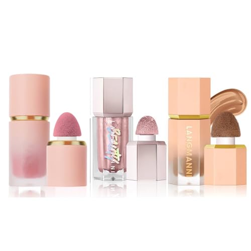 3er-Pack Kontur, Highlighter & Rouge Set - Langanhaltend, Natürlich, Leicht, Aufbaubar - Konturierungsbronzer, Flüssiger Rouge-Stick, Highlighter-Schminkstift (Set A)