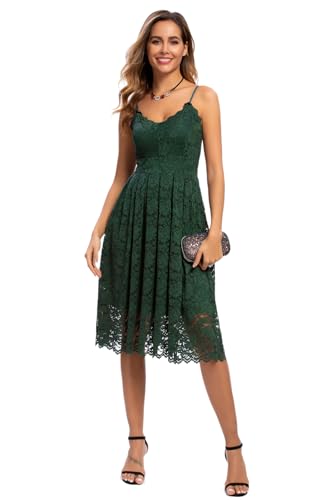 Atnlewhi Damen Vintage ärmellosen V-Ausschnitt A-Linie Kleid Blumen Knielang Spitzenkleid Brautjungfer Elegante Cocktailkleider - Dunkelgrün - M