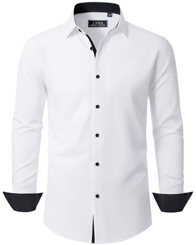 J.VER Hemd Herren Knitterfreie Stretch Freizeithemden Langarm Hemden Bügelfrei Regular Fit Hochzeit Party Büro Dating Shirts,Alle Weiß,L