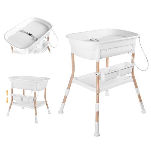 Plasaig Multifunktionaler Wickeltisch mit Badewanne, Höhenverstellbar, Anti-Überlauf-Design, mit Aufbewahrungskorb und Sicherheitsgurt, für Babys 0-24 Monate, Max. Belastung 50 kg, Weiß
