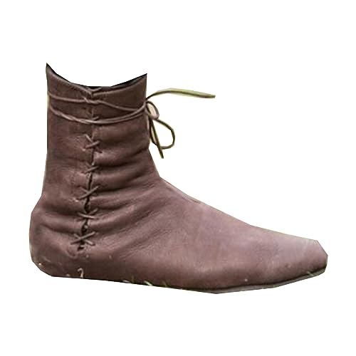 Baitang PU Leder - Renaissance Mittelalter Cosplay Stiefel Schnürstiefel Motorrad Stiefel Kampf Vintage Distressed Pu Leder Mode für Frauen und Männer Cosplay,Braun,43