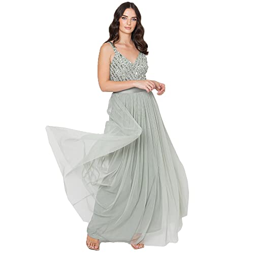 Maya Deluxe Damen Maxi Abendkleid Elegant Für Hochzeit Mit V-ausschnitt Tüllkleid Schleife Brautjungfernkleid, Green Lily, 40 EU