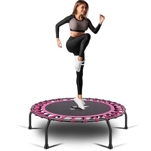 YYOUNICEST Fitness-Trampolin Ø ca 112cm,Indoor Minitrampolin für Erwachsene,Jumping Fitness Trampolin Verstellbarer Griff(3-Fach höhenverstellbar) Bungee-Seil-Design-System,Nutzergewicht bis 150kg