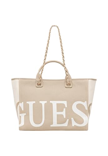 GUESS Strandtasche für Damen aus Stoff mit Logo, Beige, 50 x 31 x 18 cm, mit Griffen und Kettengurt, Reißverschluss