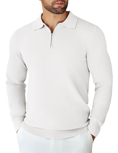 COOFANDY Herren Strickpullover Polo Kragen Pullover für Herren Reißverschluss Männer Half Zip Sweater Pulli Einfarbig Weiß L