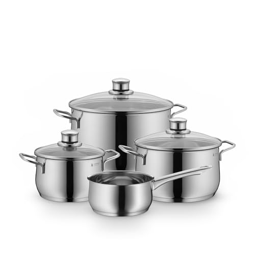 WMF Diadem Plus Topfset Induktion 4-teilig, Kochtopf Set mit Glasdeckel, breiter Schüttrand, Cromargan Edelstahl poliert, Induktions Töpfe Set unbeschichtet, alle Herdarten, spülmaschinengeeignet