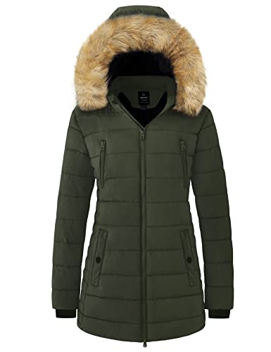 Wantdo Damen Winter Warm Puffer Mantel Wasserabweisend Outdoor Jacke Baumwolle Gepolsterte Jacken Kunstpelz Kapuzenmäntel Grün XL