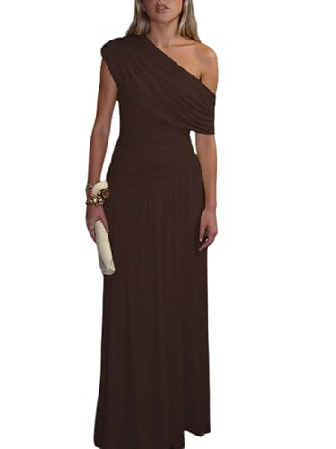 SweatyRocks Kleid Damen Lang Figurbetont Abendkleid Cocktailkleid Schulterfrei Hocherzeitkleid Maxi Partykleid Festival Outfit Faltenkleid Braun XL