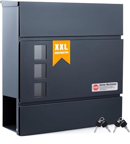 Zedelmaier XXL Briefkasten Wandbriefkasten Postkasten C4 Briefkästen mit Zeitungsfach inkl. 4 Schlüsseln und Schloss Mailbox Groß Anthrazit 37 X 37 X10,5 cm
