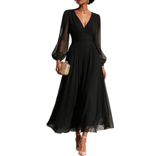 Kleid Damen Chiffon Tiefer V Ausschnitt Langarm Hohe Taille Herbstkleid Damen Faltenoptik Chiffonkleid Maxikleid Schmeichelnde Passform Modischer Look Alltag Herbst Herbstkleider (Schwarz, M)
