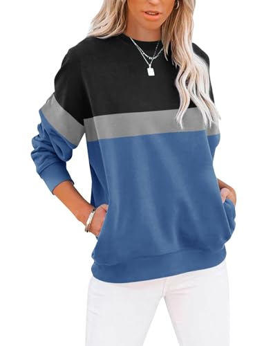Cuptacc Langarmshirt Damen Pullover Herbst Farbblock Rundhals Sweatshirt Damen Elegant Rundhals Taschen Oberteile Schwarz Blau XL 46-48