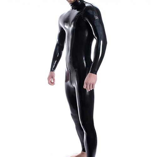 Kangxinsheng Schwarz Latex Catsuit Männer,Gummi Catsuit mit Schulter Reißverschlüssen und Schritt Reißverschlüssen,für Cosplay Kostüme-XXL