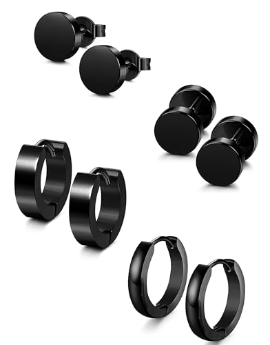 YADOCA 4 Paare Herren Ohrringe Schwarz Edelstahl Hypoallergene Creolen Ohr Piercing Set für Männer Frauen