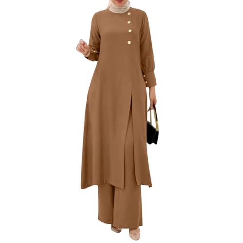 OBEEII Abaya Muslim Damen Set 2 Stück Langarm Oberteile Und Hosen Corban Ramadan Outfit Naher Osten Arabisch Islamische Kleidung Khaki XL