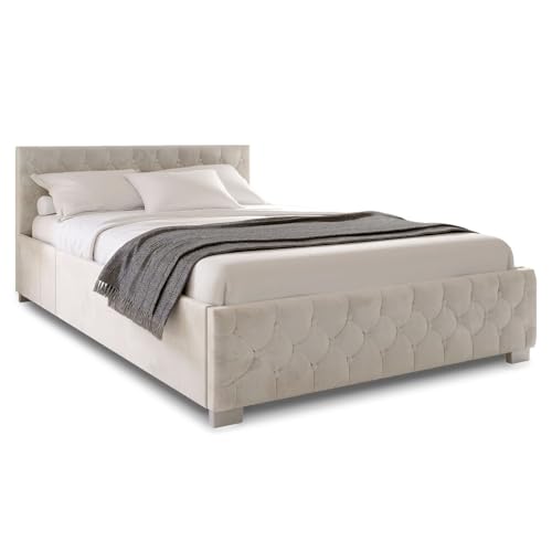 Juskys Polsterbett Nizza 120x200 cm Samt mit Stauraum, LED Beleuchtung & Lattenrost - Chesterfield Steppung & Kopfteil - Bett Bettgestell - Beige