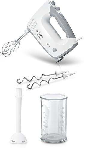 Bosch Handrührgerät, 2 Rührbesen, 2 Knethaken, Edelstahl, spülmaschinenfest, Pürierstab, Mixbecher, 5 Stufen plus Turbostufe, 450 W, weiß, ErgoMixx MFQ36440
