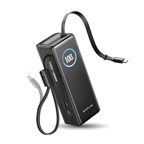 EcoFlow Powerbank 25000mAh 170W mit 100W Integrierte Einziehbare Kabel, 100W USB C Laptop Powerbank Tragbares Ladegerät für iPhone 17/16/15 Series, MacBook, Samsung, Schwarz