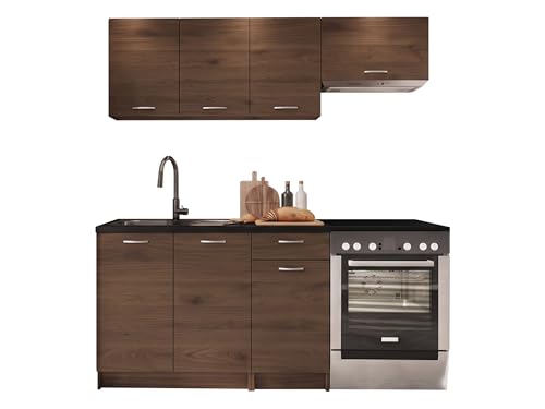 Mirjan24 Mela Küchenmöbel Set 180/120 cm mit Arbeitsplatte - Moderne Einbauküche in Dunkelholzoptik, Hängeschränke & Unterschränke, 5 Schrank-Module (Nuss Elegant/Schwarz)