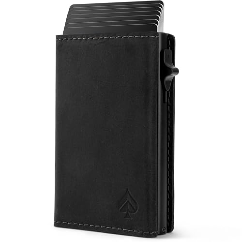 Card Nine! Magnet Kartenetui - Premium Slim Wallet - Geldbörse mit RFID-Schutz - Portemonnaie für Damen & Herren - Geldbeutel mit Magnetverschluss (Crazy-Horse-Leder Schwarz, Mit Münzfach)