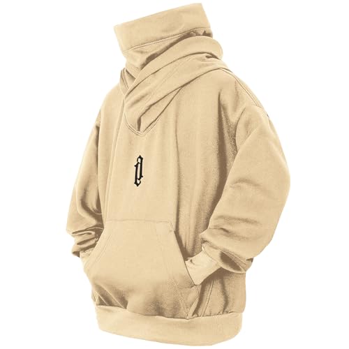 Eocicvvi Pullover Herren Rollkragen Hip Hop Fleece Pulli Kapuzenpullover Hoodie Sweater Sweatshirt Mit Kapuze Oversize Urban(Beige,XL)