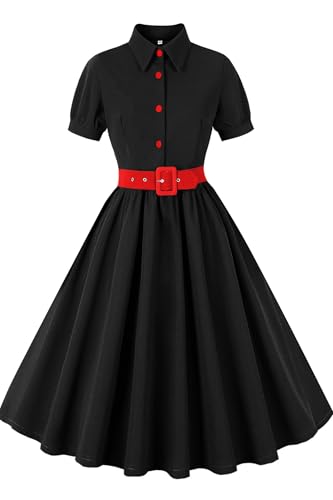 AXOE Damen Rockabilly Kleid 50er Jahre Vintage A-Linie mit Gürtel Knöpfen für Festliche Party Alltag Schwarz Rot, Gr.40, L