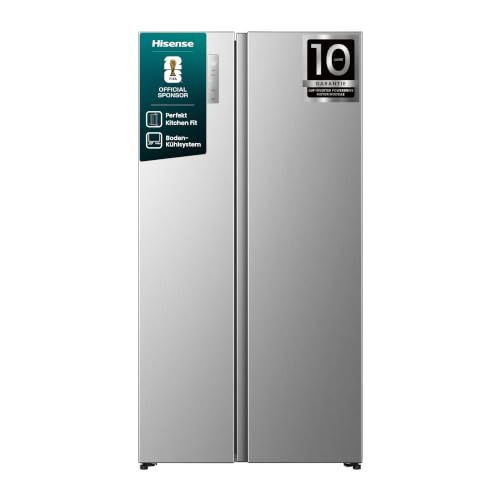 Hisense RS3P538NAIE Kühl-Gefrierkombination/Side by Side/Freistehend/ 527 L/EEK: E/ 39 dB/Perfekt Kitchen Fit/Boden-Kühlsystem/Meta-Tech Cooling/Total No Frost/ (BxHxT): 91,1×178,6×60 cm/Grau
