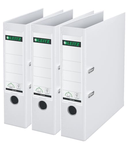 Leitz Qualitäts-Ordner 180° Plastik, 3er Pack, das Original, A4 Aktenordner 8 cm breit, 90% Recycling-Karton, 30% Pre-Consumer Recycling-Kunststoff, 180° Mechanik, 600 Blatt Kapazität, Weiß, 310335001