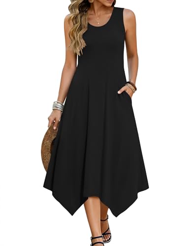 Zeagoo Damen Sommerkleid Ärmellos Midi Kleid Casual Rundhals Kleider A Linie Strandkleid mit Taschen A-Schwarz 2XL