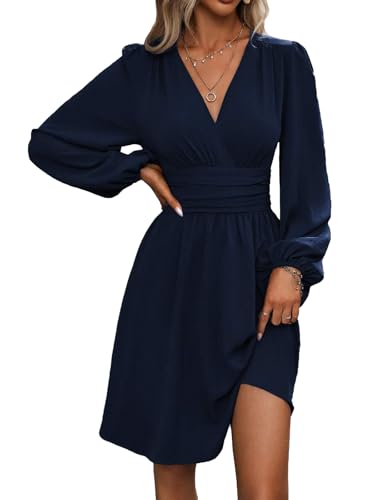 LIAMERHE Damen Elegant Kleid Langarm V-Ausschnitt Casual Kleider A-Linie Winterkleider Blumenmuster Minikleid Freizeitkleider Herbst Winter Laternenärmeln Kleid Partykleid Marine XL