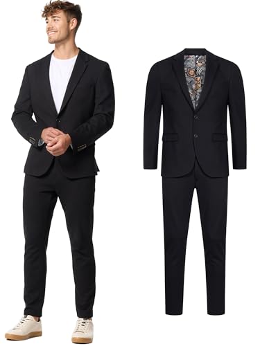JEFF Herren JFEzra Set Anzug 2-teilig Sakko Hose Bundle | elastischer Herrenanzug Regular Fit für Männer Black, 48