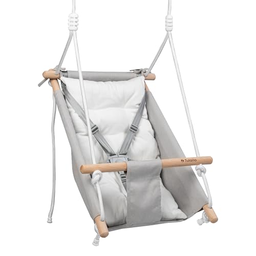 Tulano Hop 40 Babyschaukel 3in1, Federwiege und Babywippe aus Baumwolle und Holz, Hängewiege ab 6 Monaten, sicher gepolstert, bis 60 kg belastbar, Kinderschaukel für drinnen und draußen, Grau