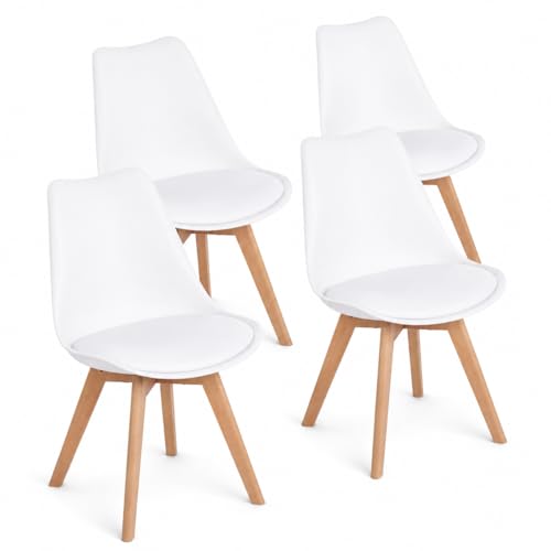 EGGREE Esszimmerstühle 4er Set Nordische Stühle Moderne Küchenstühle mit Massivholzbeinen und Kunstlederpolsterung Bequeme Stühle für Esszimmer Küche Wohnzimmer Büro Weiß