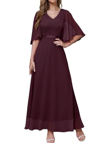 DRESSTELLS Ballkleider Damen Lang Chiffon Ärmeln Abendkleid Elegant Hochzeitsgast Burgundy M