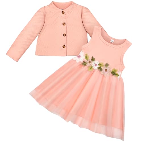 Vicloon Baby Mädchen Kleid mit Strickjacke Set, Baumwollkleid, Kleinkind Ärmellose Blumen Tüll Tutu Kleider und Langarm Waffel, 2 Stück ärmellosem Tüllkleid Outfit Set für Mädchen 6-9 Monate, Rosa