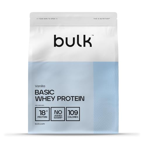 Bulk Basic Whey Protein Pulver | Vanille | 1,25 kg | 41 Portionen | Bis zu 18 g Eiweiß Portion | Zuckerarm | Schnell verdauliche Formel | Fitnessstudio Supplement Unterstützt Muskelaufbau Regeneration