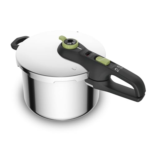 Tefal Secure Trendy Schnellkochtopf induktion 6l, 2-Stufen-Garregler: Intensivstufe 117°C, Schonstufe 112°C, Induktions-Kapselboden, für alle Herdarten, Edelstahl/Schwarz/Grün, P2580703