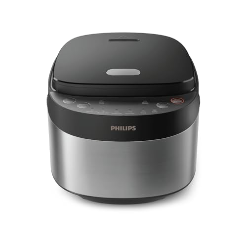 Philips Multi-Reiskocher 3000-Serie – 0,85 l, 8 Kochfunktionen, 4-lagiger Antihaft-Topf, 30-Minuten-Schnellkochmodus, Fuzzy-Logik, Schwarz-Silber-Design (HD3093/80)
