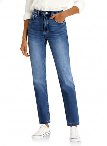 Cicy Bell Damen Jeans Straight Fit Jeanshosen Mittlere Taille Denim Skinny Hosen mit Taschen Dunkelblau 42