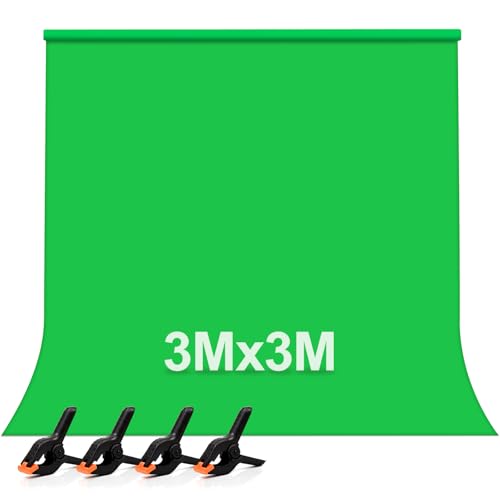 Wexoma Greenscreen, 3M x 3M Grüner Hintergrund Stoff, Verdickter und Dicht Gewebter Reiner Farbton Hintergrundstoff, Grüner Hintergrund für Video mit 4 Federzwingen für Fotostudio, Video und Fernsehen